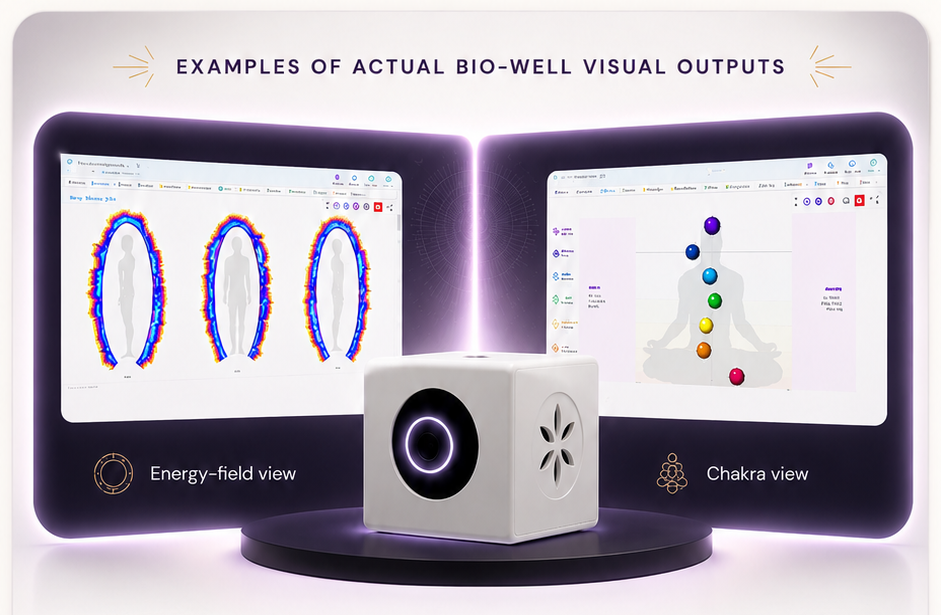 Examples of actual Bio-Well visual outputs: energy-field view and chakra view