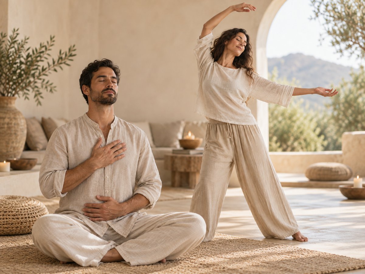 Guests practicing guided somatic breathwork and movement together