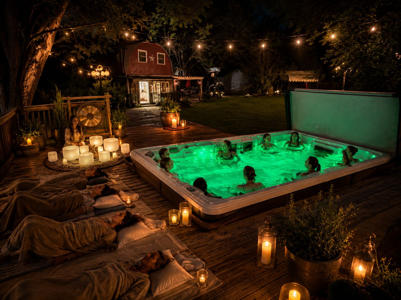 Heated soaking area prepared for a floating sound bath