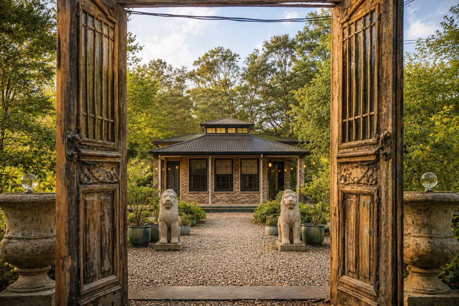 Antique wooden doors opening onto the brick pavilion at Golden Hill Retreat Center, flanked by stone lion statues