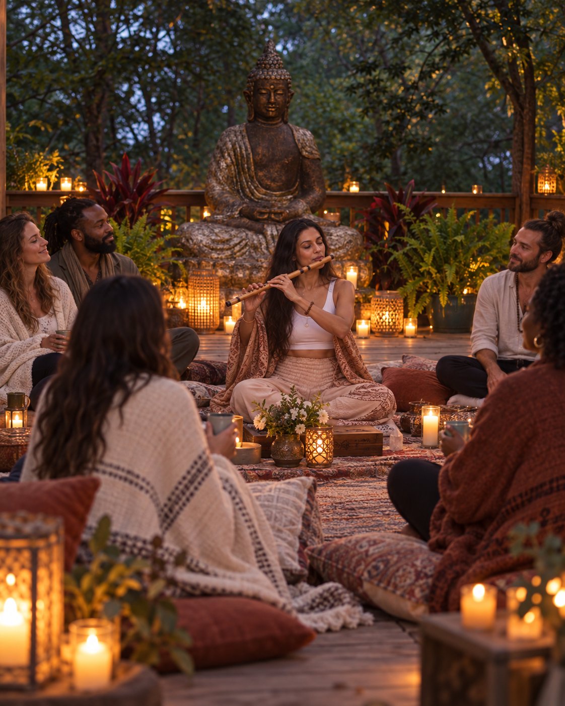 Guests gathered around a live flute performance by candlelight near the Buddha statue
